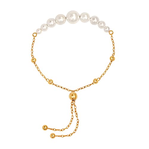 Lecalla Flaunt 14K Gold-Plated 925 Sterling Silver Simulated Pearl Adjustable Bolo Bracelet For Women Teen #TOP21