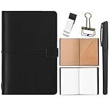 Thenshop Travelers Refillable Leather Journal Notebook Travel Diary Handmade Passport Travelers Journal for Men and Women with 3 Notebook Inserts, Pen Holder, Binder Clip(Black,A5 Size)