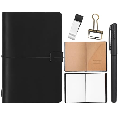 Thenshop Travelers Refillable Leather Journal Notebook Travel Diary Handmade Passport Travelers Journal for Men and Women with 3 Notebook Inserts, Pen Holder, Binder Clip(Black,A5 Size)