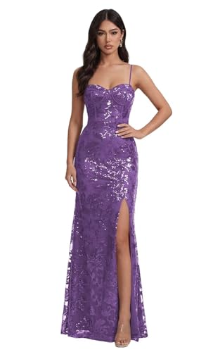 zoteno Teens Mermaid Sequin Prom Dress with Slit 2026 Lace Spaghetti Straps Evening Party Gowns...