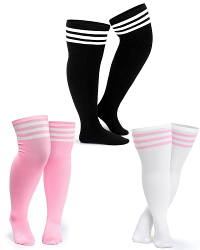 SATINIOR 3 Pairs Knee High Socks Thigh High Triple Stripe over the Knee Thigh High Long Socks Long Opaque Thigh Stockings (Pink White Black X-Xxl)