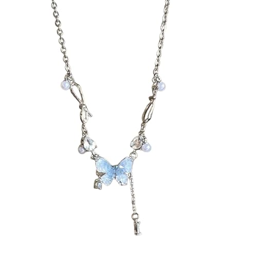 Collier papillon bleu zircon : bijou tassel perles et cristal de glace