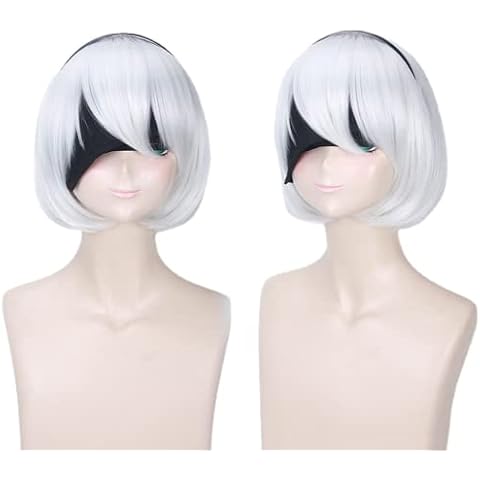 Anime Game Cosplay Nier Automatas 2B 9S Wigs, White Short Hair With Wig Cap, for Halloween, Party, Carnival, Nightlife Cover