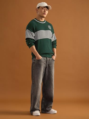Image of The Souled Store Harry Potter: Lion's House Men and Boys Full Sleeves Crew Neck Striped Acrylic Ribbed Knit Pop-Culture Oversized Pullovers