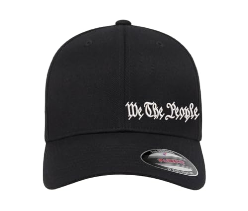 We The People Side Embroidered Constitution Patriotic Flexfit Hat (US Alpha Small Medium Black Curved)