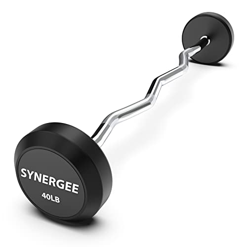Synergee Fixed 40LB Easy Curl Bar Pre Weighted Curved Steel Bar with Rubber Weights - Fixed Weight
