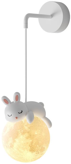 Renter Friendly Hardwired Wall Sconce Kids Room 3D Printing Moon Ball Bedroom Wall Light Cute Cartoon Animals Rabbit Panda Bear White Nordic Dimmable