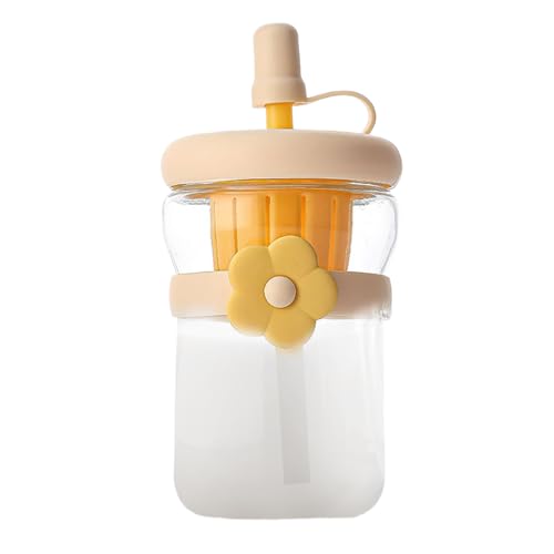 Homkilkn 再利用可能なガラスボトル - 500ml ワイドマウス ガラスウォーターボトル | 漏れ防止飲料容器シリコンストロー付き再利用可能 | ホット コールド 飲料 茶 牛乳 ジュース 男女兼用