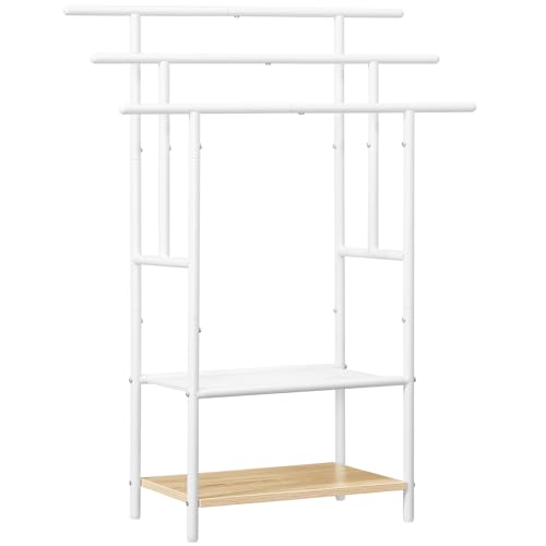 HOOBRO Handtuchständer, Handtuchhalter stehend mit 3 Handtuchstangen, Badetuchhalter, 2 offene Ablage, platzsparend, Weiß-Natürliche Holzfarbe EWN05LB01