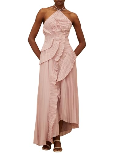 Image of Women Y2k Backless Long Dress Halter Tie Neck Maxi Dress Flowy Beach Sundress Summer Streetwear