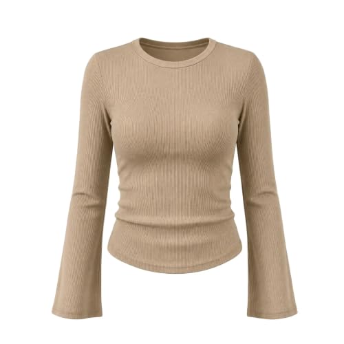 T Shirts for Women Shirts for Women Bell Long Sleeve Casual Lightweight Knit T-Shirt Slim Fit Fall Winter Layer Underwear Pullover Tops Beige L - image 6