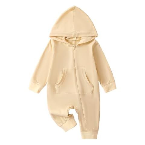 Lefyira Zipper Jumpsuit Baby Boy Zip Up Hoodie Romper Solid Color Hooded Coat Long Sleeve Infant Girl Fall Winter Clothes(Beige,6-12 Months) Cover