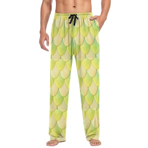 Men’s Green Dragon Scales Pajama Pants with Pockets, Comfortable Lounge Sleep Bottoms#5173