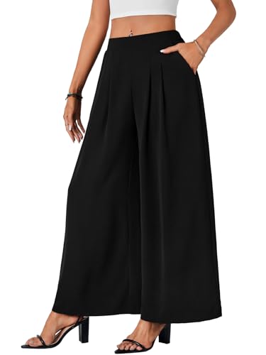 Vrtige Women's Elastic High Waisted Long Palazzo Pants Wide Leg Loose Office Casual Trousers with Pockets3