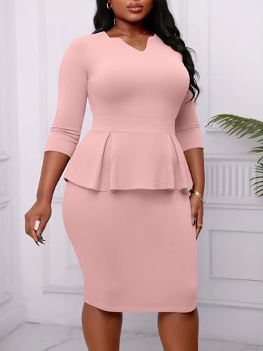 Image of Runwind Plus Size Dresses for Curvy Women, Work Church Professional Office Vintage Peplum Pencil Dress V Neck 3 /4 Sleeve
