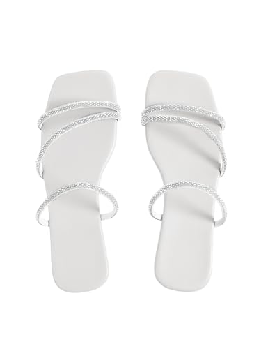 Image of GORGLITTER Women's Rhinestone Wedding Flat Sandals Sparkly Strappy Glitter Dressy Slip on Bling Bridal Prom Cute Slide Shoes
