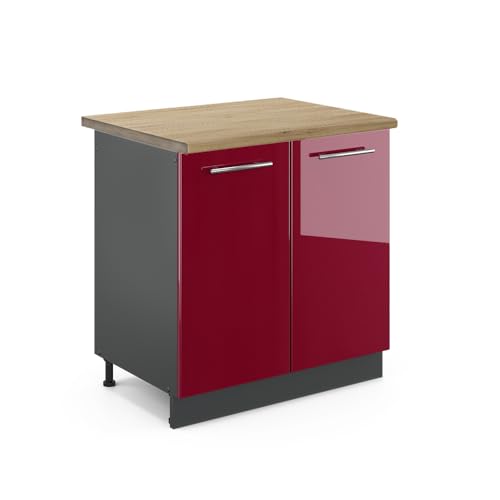 Vicco Meuble Bas sous-évier Fame-Line, Rouge Bordeaux Haute Brillance, 80cm, PT Chêne, à Combiner avec d'autres modules de la série Fame-Line