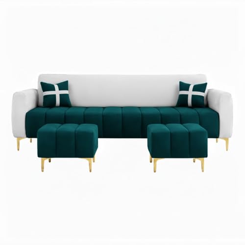 Image of Melody 3 Seater Modular L Shape Sofa Set with 2 Ottoman | Soft Velvet Upholstery, Sturdy Wooden Frame | Modern Sofa for Living Room, Hall & Office Spaces (Light Grey-Green Teal)