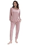 Joyaria Womens Bamboo Viscose Pajamas Set Long Sleeve Jogger Sleepwear Cooling(Blushing Pink,Large)