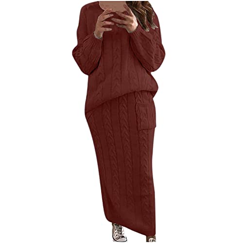 LUGOGNE Womens Sweaters Plus Size Fall Two-Piece Top&Skirt Suit Casual Warm Long Sleeve Trendy Loose Knitted Outfits Wine
