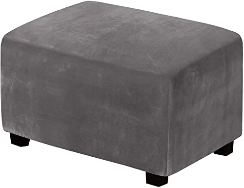 Qiden Housse ottomane en velours, housse de repose-pieds rectangulaire, grande housse de repose-pieds extensible, housse de pouf en velours de luxe pour le salon. (Repose-pieds non inclus),Gris moyen Cover