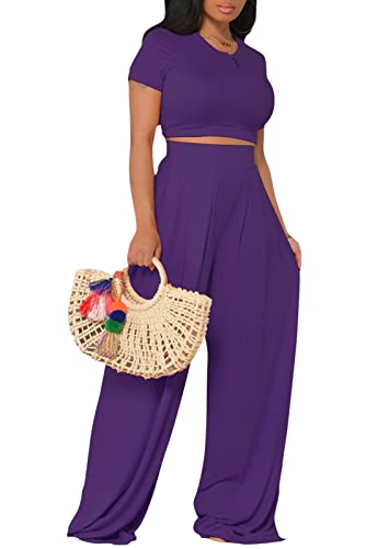 TodTan Women's Casual Summer 2 Piece Outfits Short Sleeve Crop Top Wide Leg Pants Set Jumpsuits
