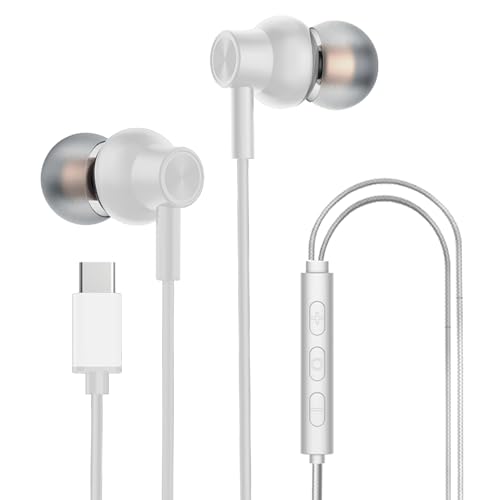 Image of Kratos Tune V6 C Type Earphones Wired, Deep Bass Drivers Earphone, Inline Control Type c Headphones with Mic, Comfort Fit Type c Earphone with Volume Control,Metallic C pin Earphones (White)