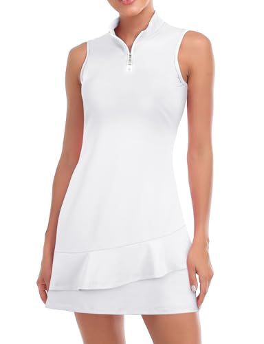 Viracy Golf Dress For Women White Tennis Dress With Built In Shorts, Pockets Sleeveless Athletic Dresses Zip Up Stand Collar Lightweight For Hiking Running, Xl