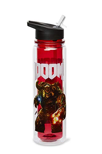 JUST FUNKY Official DOOM Cyberdemon Double Wall Plastic Water Bottle - 16-Ounce Container with Lid for Water, Tea, Coffee - Insulated Drinking Cup for Travel, Hiking Running - Licensed Merchandise