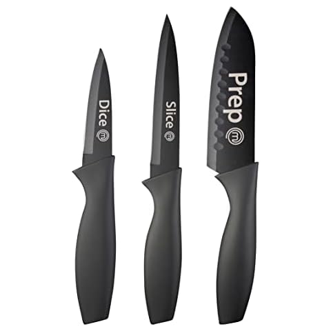 MasterChef Knife Set of 3 Kitchen Knives (Chef, Paring & Utility) Professional, Extra Sharp, Stainless Steel Blades With Non Stick Coating & Soft Touch Grip, Essential Collection 3 Piece, Black Cover