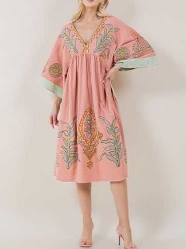 Image of Joiemont Womens Oversized Floral Embroidered Long Dress with V-Neck and 3 /4 Sleeves Vintage Embroidery Babydoll Dress