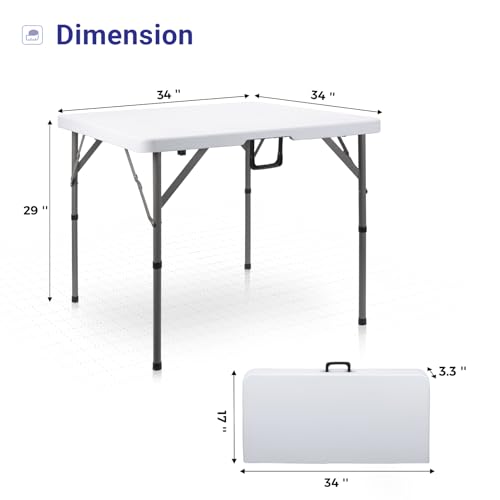 Image of Byliable 34 inch Square Folding Card Table, Fold-in-Half Utility Dining Portable Table Heavy Duty HDPE White Plastic Foldable with Carrying Handle Indoor Outdoor for Picnic, Camping, Party