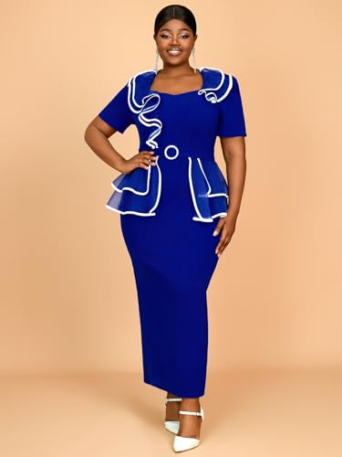 AOMEI Women's Color Block Irregular Ruffled Short Sleeve Pencil Bodycon Maxi Dress4