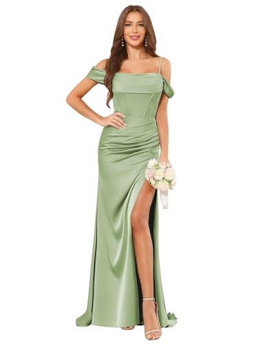 Off The Shoulder Bridesmaid Dresses with Slit Spaghetti Straps Ruched Mermaid Long Satin Formal Dress for Wedding