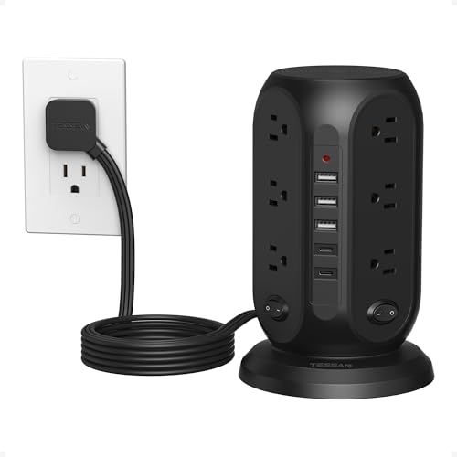 Black Surge Protector Power Strip with 4 Individual Switches, TESSAN USB C Charging Station Power...