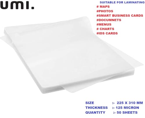 Image of Amazon Brand - Umi A4 Lamination Pouch - Clear Glossy Thermal Sheets, Transparent and Waterproof, 225mm x 310mm, 125 Microns Thick for Document Protection and Professional Finishing (50 Sheets)