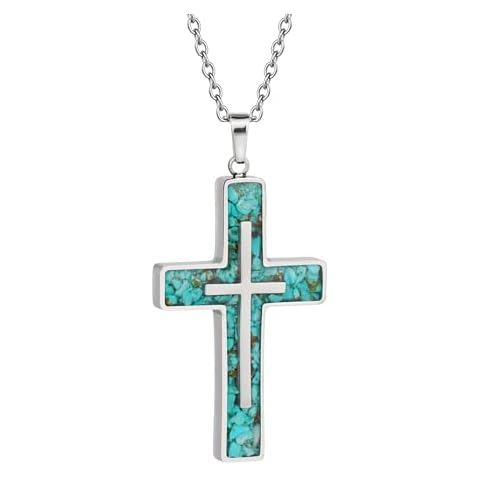 Lauren-Spencer Turquoise Cross Necklace for Women Dainty Simple Cross Necklace Stainless Steel Large Green Turquoise Gemstone Cross Pendant for Women Christian Jewelry Religious Gifts Cover