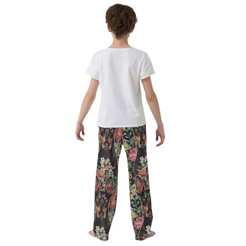 Doberman and Florals Boys Long Pants Soft Trousers Elastic Waist Kids Lounge Bottoms with Pockets S-XL3