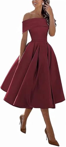 Image of Knee-Length Satin Off Shoulder Homecoming Dress Short Prom Cocktail Party Dress for Junior