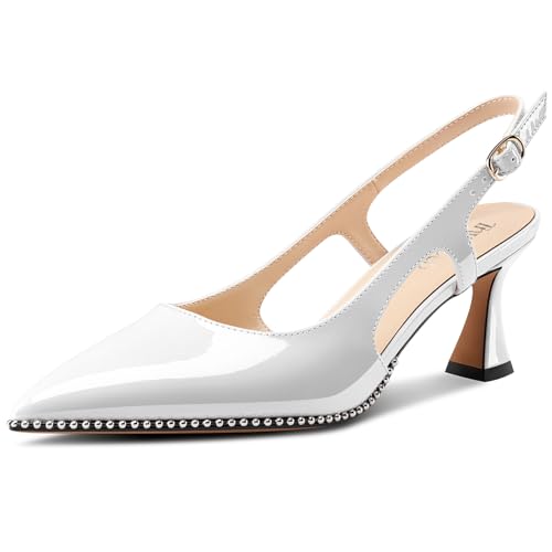 Image of TNYNFBEB Womens Kitten Heel Pointed Toe Pumps Sliver Beaded Slingback Slip-on Buckle Prom Dress Basic Classic Patent Leather Summer 2.6 Inches Heels