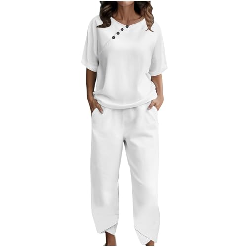 Conjunto de 2 piezas de mujer con camiseta lisa de botones y pantalones largos