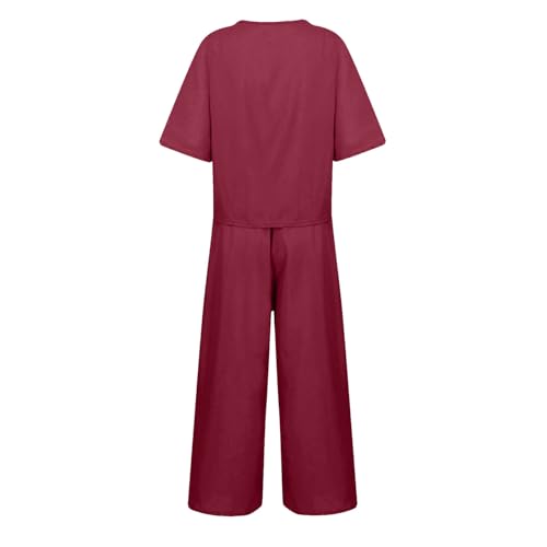 Womens Co Ord Sets Summer Cotton Linen Two-Piece Set Round Neck Short Sleeve Tops and High Elastic Waist Wide Leg Pants Linen Trouser Suits Beach Outfit Summer Homewear Sets - Image 6