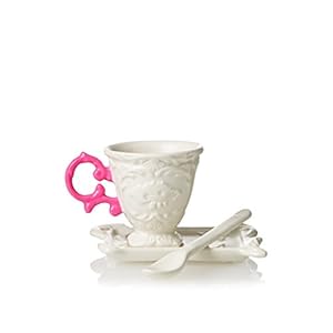 Seletti I‐Wares Coffee Set with Coloured Handle, Porcelain, White/Fucsia