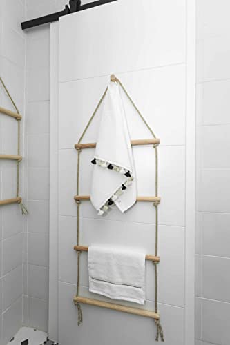 Toallero Madera Baño Puerta y Pared Madera con Cuerda de Cáñamo 4 Baldas, Gancho Madera Incluido Toallero Escalera para Toallas y Prendas,48x124cm (con Gancho para Puerta) Cover