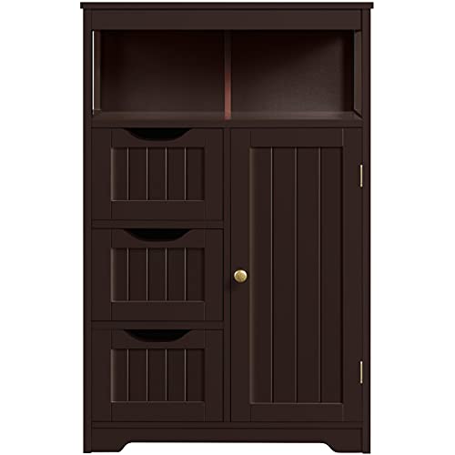 Topeakmart Wood Bathroom Floor Cabinet, Free Standing Storage Cabinet with 3 Drawers and Cupboard, Hallway/Entryway Cabinet, Living Room Accent Furniture, Espresso