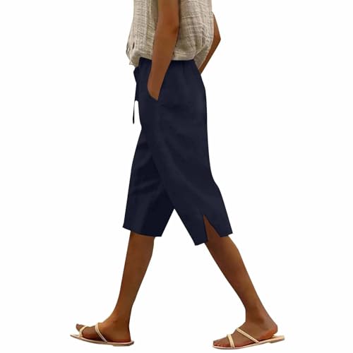 Pantalones cortos hasta la rodilla para mujer, talla grande, algodón y lino, pantalones cortos para mujer, color sólido, cintura elástica, pantalones capri casuales con cordón, pantalones capri
