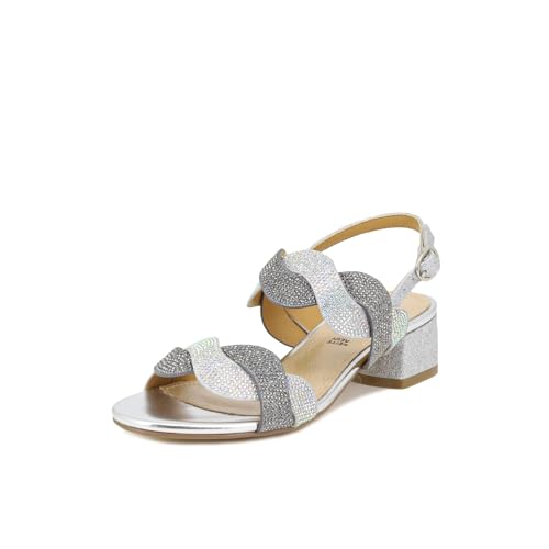 QUEEN HELENA ZM9011 - Sandalias de tacón bajo elegantes con pedrería brillante para mujer, plateado, 39 EU