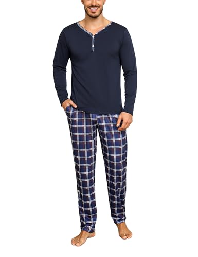 Irdcomps Schlafanzug Herren Lang Pyjama Baumwolle Nachtwäsche Set Männer Karierter V-Ausschnitt mit Knöpfen Navyblau XL