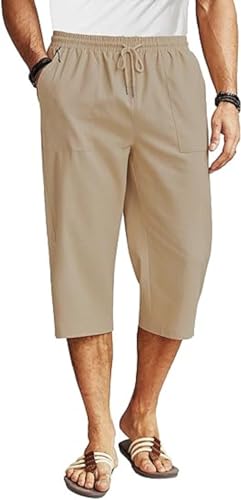 Men's Cotton Capri Pants Casual Lightweight 3/4 Baggy Pants Drawstring Waist Beach Yoga Pants with Pockets (AU, Alpha, XX-Large, Regular, Regular, Khaki)