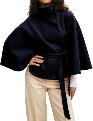 Image of Hooever Women Batwing Sleeve Ponchos Pea Coat Wool Bland Stand Collar Jacket Winter Cropped Overcoat(Navy-L)